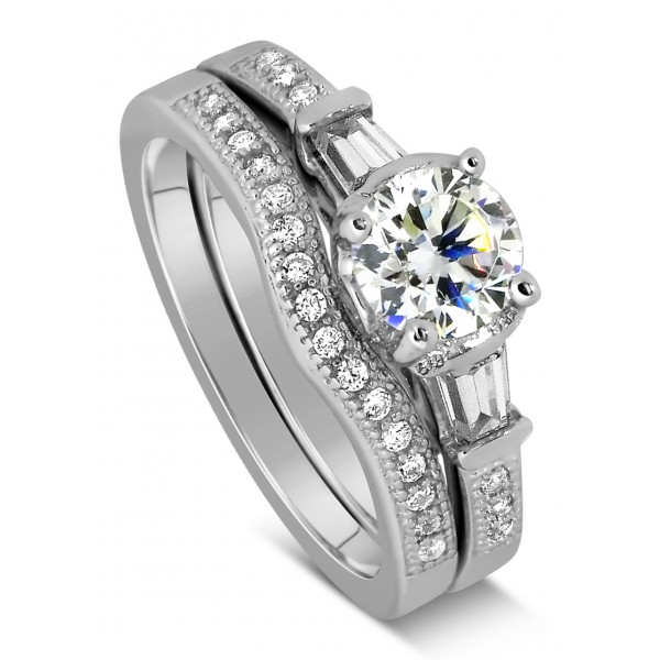 Antique 1 Carat Round Diamond Wedding Ring Set for Her in White Gold ...