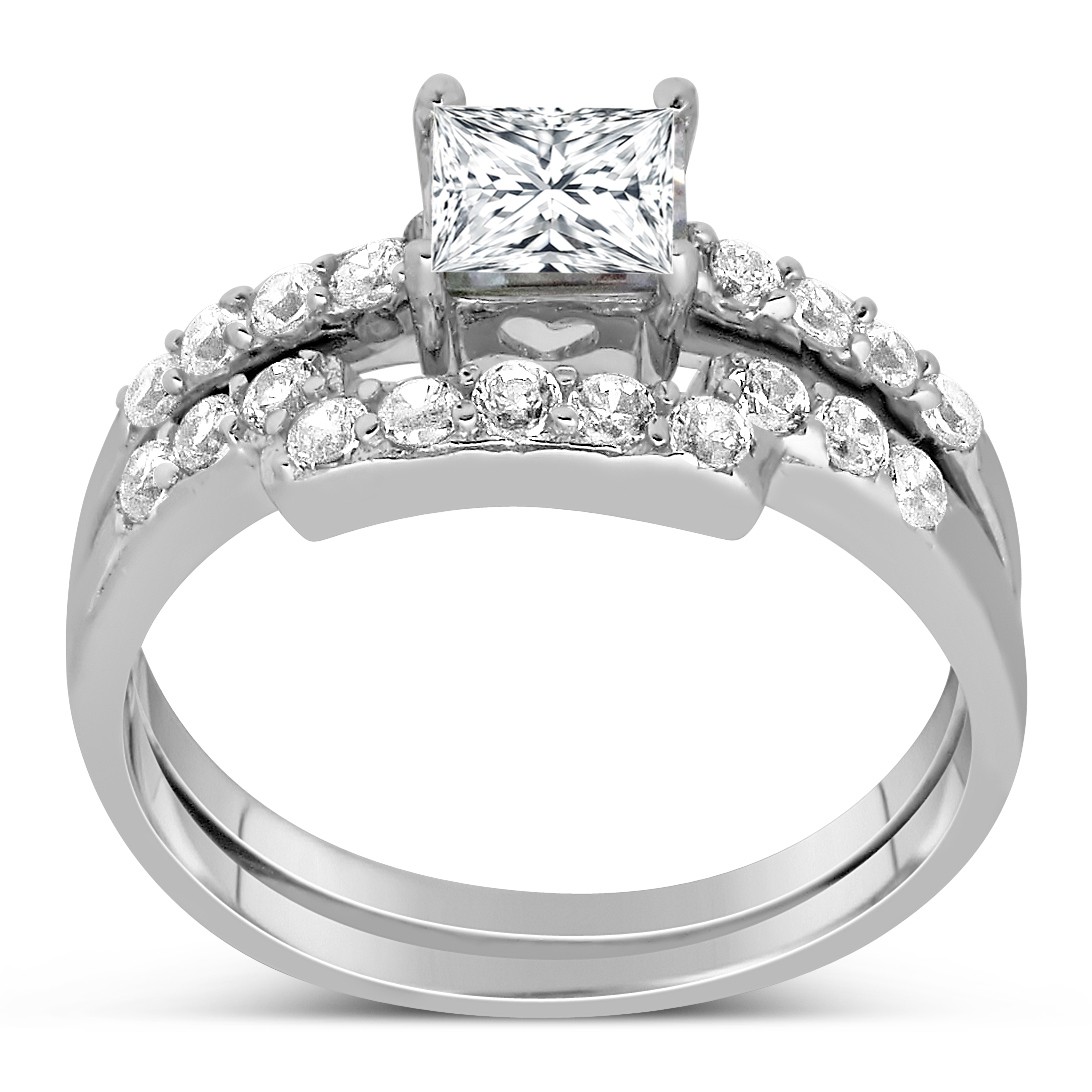 1 Carat Princess cut Diamond Wedding Ring Set in White Gold - JeenJewels