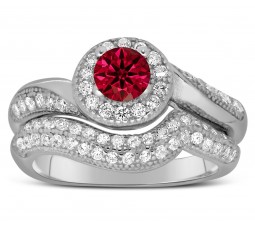 Antique Designer 2 Carat Red Ruby and Diamond Bridal Ring Set for Her in White Gold