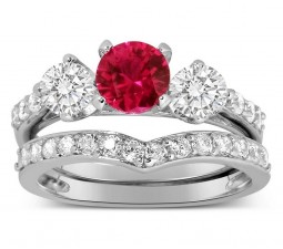 Luxurious 2 Carat Ruby and Diamond Wedding Ring Set in 10k White Gold
