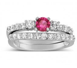 1 Carat Pink Sapphire and Diamond Wedding Ring Set in White Gold