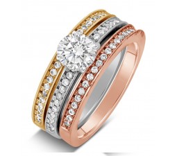 2 Carat Round cut Tri Color White, Rose and Yellow Gold Trio Wedding Ring Set