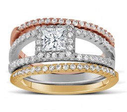 2 Carat Princess cut Tri Color White, Rose and Yellow Gold Trio Wedding Ring Set