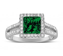Luxurious 1.50 Carat princess cut Green Emerald and Diamond Engagement Ring in White Gold