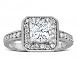 1 Carat Princess cut Diamond Halo Engagement Ring 14k White Gold