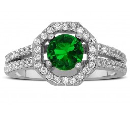 Luxurious 2 Carat Emerald and Diamond halo Engagement Ring in 14k  White Gold