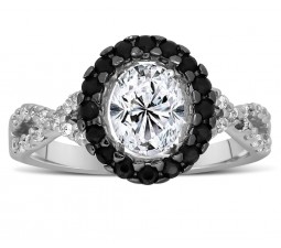 Unique 1 Carat Black and White Oval Diamond Halo Engagement Ring for Her
