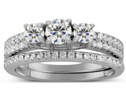 2 Carat Trilogy Design Three Stone Round Wedding Ring Set in White Gold