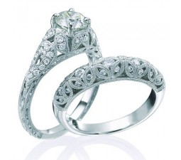 1 Carat Vintage Round Diamond Wedding Ring Set for Her in White Gold