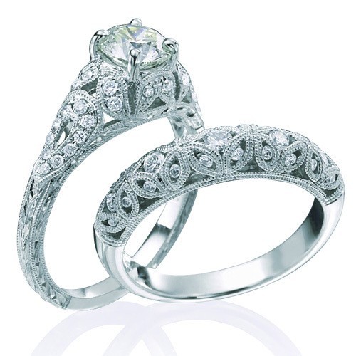 Vintage Round cut Diamond Wedding Ring Set for Her on - JeenJewels