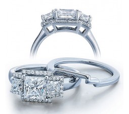 Half Carat Princess Three Stone Wedding Ring Set for Her in White Gold