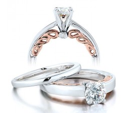 Half Carat Round Diamond Solitaire Wedding Ring Set in White Gold with Rose Gold overlay