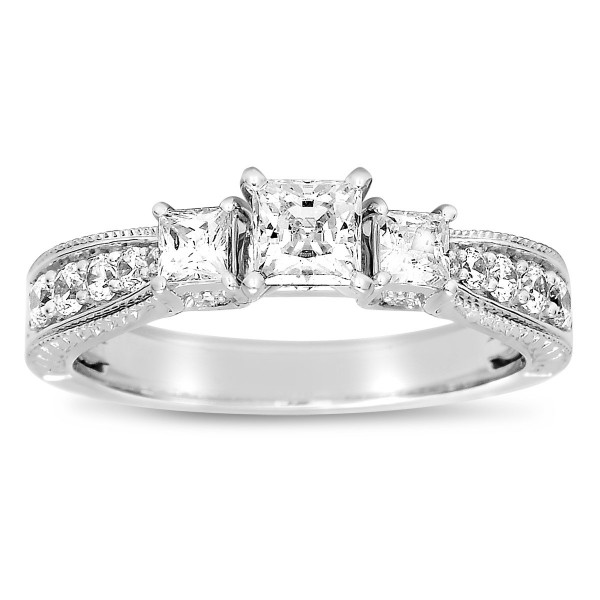 Half Carat Three Stone Princess Antique Engagement Ring in White Gold ...