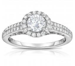 1 Carat Round Halo Two Row Diamond Engagement Ring for Her in White Gold