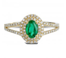 Antique double Halo 2 Carat Emerald and Diamond Engagement Ring in Yellow Gold