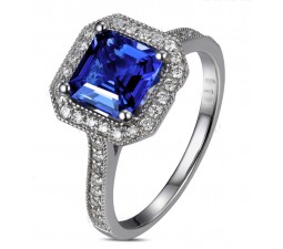 Antique 1 Carat princess cut Sapphire and Diamond Engagement Ring in White Gold