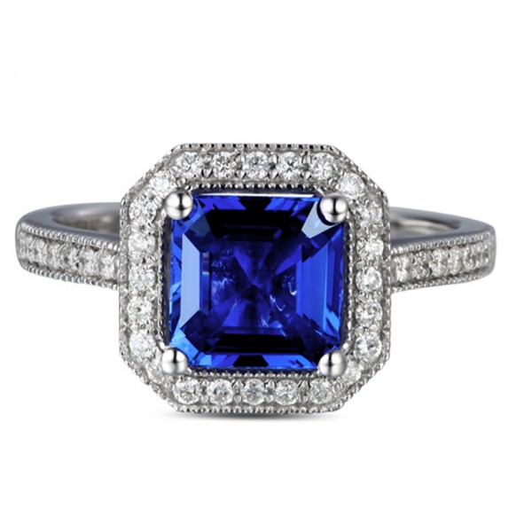 Antique 1 Carat princess cut Sapphire and Diamond Engagement Ring in ...