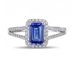 1.50 Carat Blue Sapphire and Diamond Halo Engagement Ring for Women in White Gold