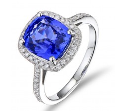 Antique 1.50 Carat cushion cut Sapphire and Diamond Halo Engagement Ring in White Gold