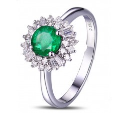 1 Carat Green Emerald and Diamond Halo Engagement Ring for Women in White Gold