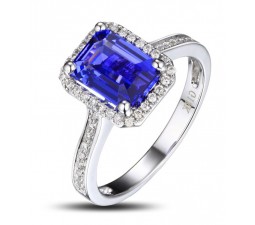 Antique 1.50 Carat emerald cut Blue Sapphire and Diamond Halo Engagement Ring in White Gold