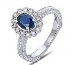 Sale Antique Floral 1 Carat Blue Sapphire and Diamond Engagement Ring for Her in White Gold