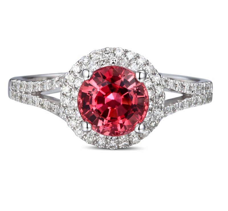 1 Carat Round cut Red Ruby and Diamond Halo Engagement Ring in White