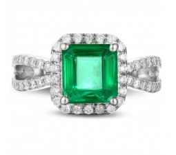 1 Carat princess cut Emerald and Diamond Halo Engagement Ring in White Gold
