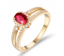 Unique 1 Carat Ruby and Diamond Halo Engagement Ring in Yellow Gold