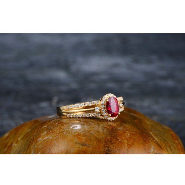 Unique 1 Carat Ruby and Diamond Halo Engagement Ring in Yellow Gold ...