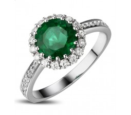 1 Carat Emerald and Diamond Halo Engagement Ring in White Gold