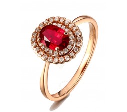 Double Halo 1 Carat Ruby and Diamond Engagement Ring in Yellow Gold