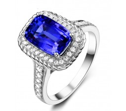Perfect 2 Carat cushion cut Blue Sapphire and Diamond Antique Engagement Ring in White Gold