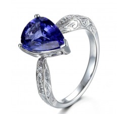 Unique 2 carat Pear shape Blue Sapphire and Diamond Antique Engagement Ring in White Gold