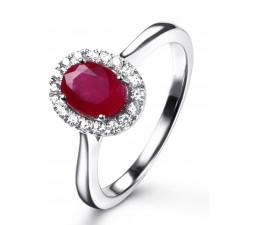 Classic 1 Carat Ruby and Diamond Halo Engagement Ring in White Gold for Women