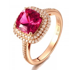 2 Carat cushion cut Ruby and Diamond Halo Engagement Ring in Yellow Gold