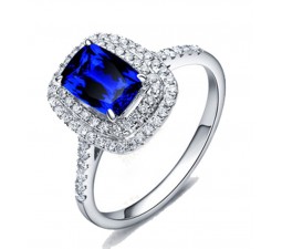 2 Carat Vintage Blue Sapphire and Diamond Halo Engagemnet Ring for Women in White Gold