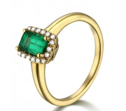 Affordable 1 Carat Emerald and Diamond Halo Engagement Ring in Yellow Gold