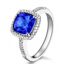 2 Carat cushion cut Blue Sapphire and Diamond Halo Engagement Ring in White Gold