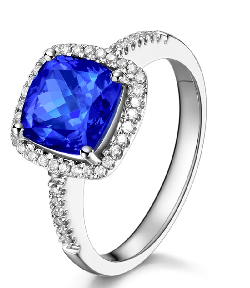 2 Carat cushion cut Blue Sapphire and Diamond Halo Engagement Ring in ...