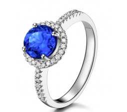 Beautiful 1 Carat Round Blue Sapphire and Diamond Halo Engagement Ring in White Gold