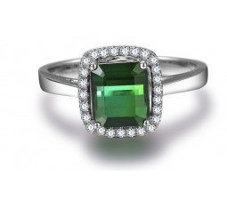 Perfect 1 Carat princess cut Emerald and Diamond Halo Engagement Ring in White Gold