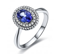 Antique Sapphire and Diamond Halo Engagement Ring with 1.25 Carat weight in White Gold