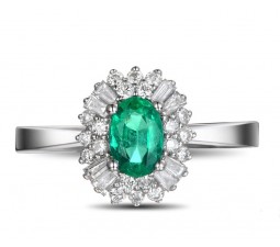 1 Carat Emerald and Diamond Halo Engagement Ring in White Gold
