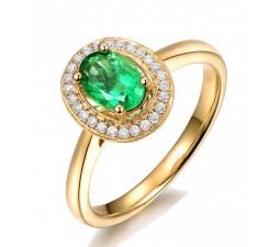 1 Carat Emerald and Diamond Halo Engagement Ring in Yellow Gold