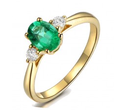 Trilogy Half Carat oval cut Emerald and Round Diamond Engagement Ring in Yellow Gold