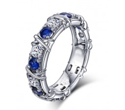 Designer 1 Carat alternating Diamond and Sapphire Wedding Ring Band in White Gold