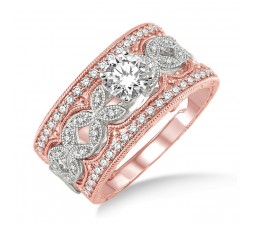 1.50 Carat Antique Trio Bridal Set Engagement Ring with Round Diamond in 10k White and Rose Gold