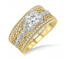 1.50 Carat Antique Trio Bridal Set Engagement Ring with Princess Diamond in 10k White and Yellow Gold