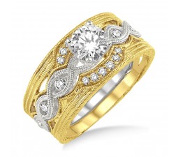 1.00 Carat Vintage Trio Bridal Set Engagement Ring with Princess Diamond in 10k White and Yellow Gold